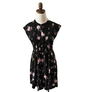 FREE PEOPLE Greatest Day Smocked‎ Mini Dress Black Floral Buttons Size Small